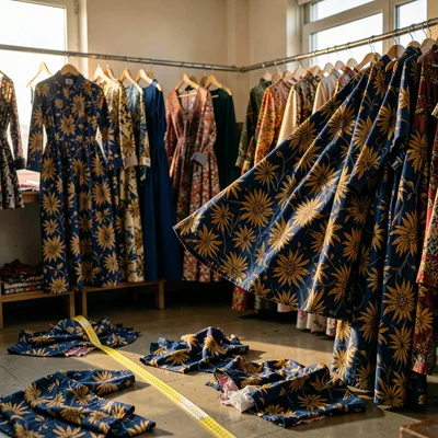 Saturated textile-rich photograph, Tailor shop interior with finished boubous ha