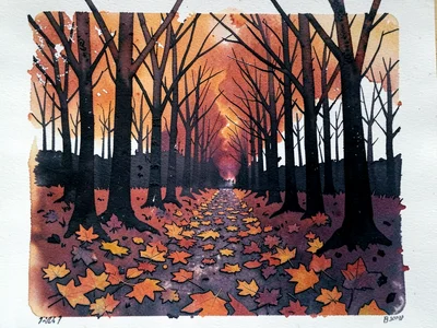 Autumn woodland path — fallen leaves as first-cut shapes, bare trees as final da