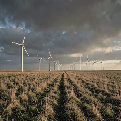 Vast horizontal landscape, extreme width composition, Wind turbines in a row rec