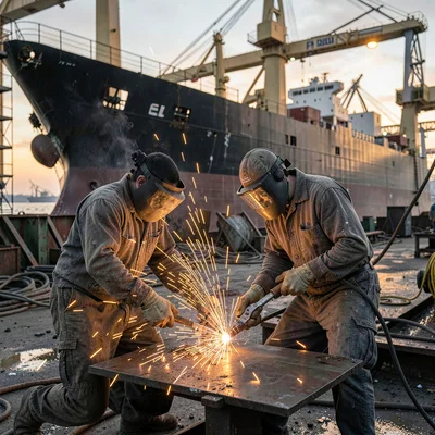 Port city documentary photograph, Welding sparks showering down in a ship repair