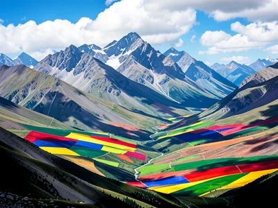 Mountain landscape where peaks are photo but valleys fill with abstract color fi