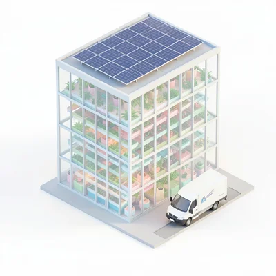 A vertical farm building: glass walls showing hydroponic layers inside, solar pa