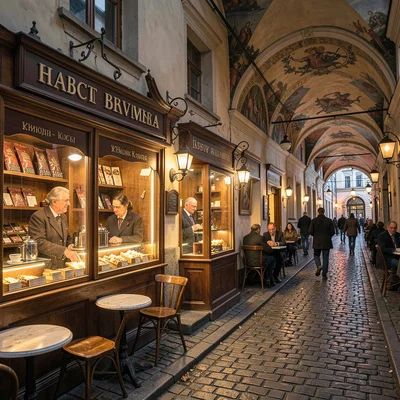 Habsburg café warmth surviving in Lviv, Ukraine, chocolate shop display in Habsb