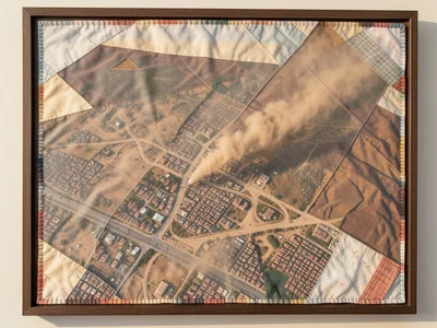 A sandstorm approaching a city, the dust as sheer organza overlaying the fabric 