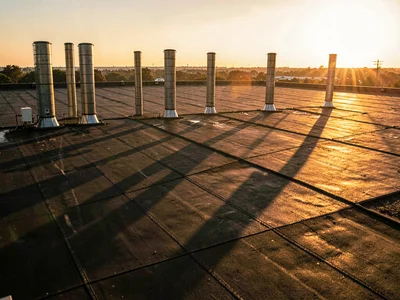 Long thin shadows from vent stacks rake across a vast tar rooftop in late aftern
