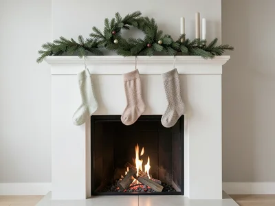 Knit stockings hung on mantle with care, fire below, garland above