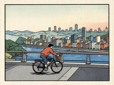 A cyclist crossing a bridge over a river, the city skyline beyond, rendered in l