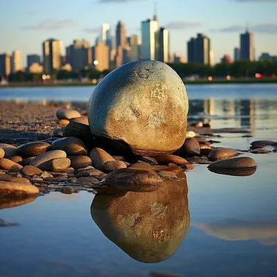 Photo On a lakeshore a mirror leans against a rock. T
