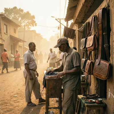 Golden Harmattan dust haze in Bamako, Mali, Street vendor selling leather goods,
