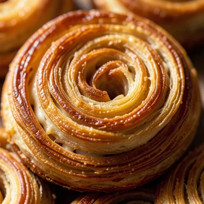 A palmier cookie from above: the tight spiral of caramelized puff pastry, each l