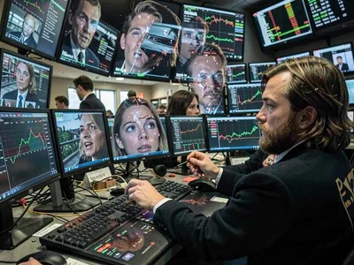 Stock trading floor, chaos of screens reflecting onto faces becoming one corrupt