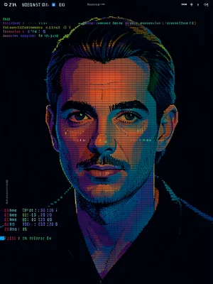Portrait where features are ASCII art characters, terminal screen aesthetic