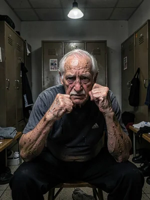 An elderly boxer sitting alone in a locker room after his final fight, sweat and