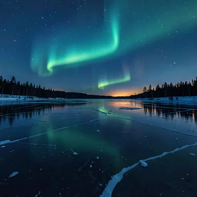 Photograph with Alaskan Arctic sensibility, Northern lights reflected in frozen 