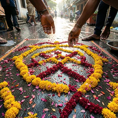 Looking down at Chennai's overlooked patterns, Flower petals being scattered ont