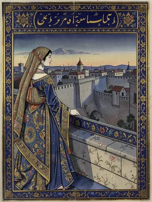 Woman at a rooftop parapet looking across a walled city at dusk