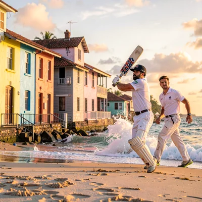 Chattel house colors in Barbados afternoon light, Beach cricket match at Bathshe