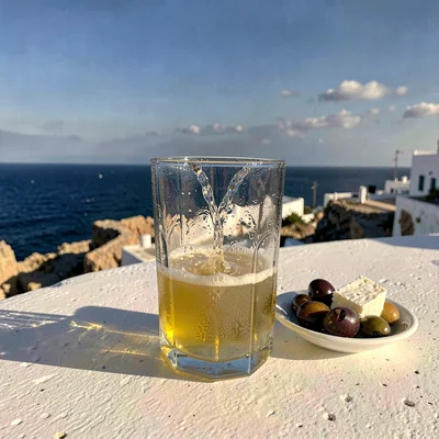 Mediterranean summer photograph, August dry heat, A glass of ouzo turning cloudy
