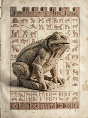 Stone frog sculpture — crouching form, carved surface texture, side-lit