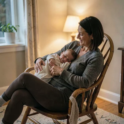 Soft-lit portrait of a parent rocking in a beech rocker with a sleeping baby, la