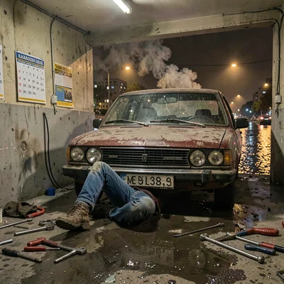 Belgrade brutalist night and Danube reflections, Mechanic lying under old car in