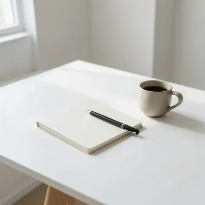 Clean white desk with a single notebook, pen, and coffee cup, soft natural light