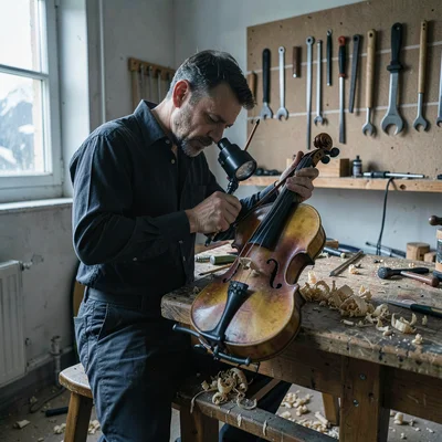 Crisp Alpine clarity, formal composition, Violin maker at workbench examining in