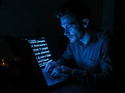Writer typing in dark room, laptop screen on face, words being born in blue ligh