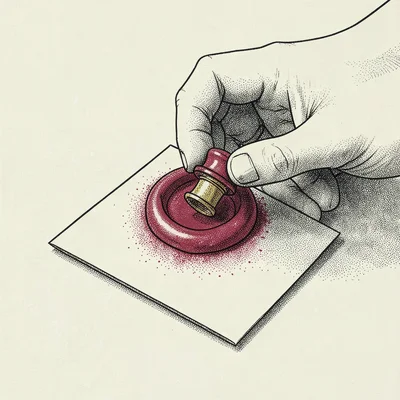 Sealed-letter scene drawn in ink and stipple on cream of a hand pressing a stamp