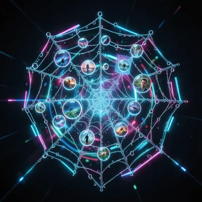 Spider web with water droplets that are each a tiny lens showing different image