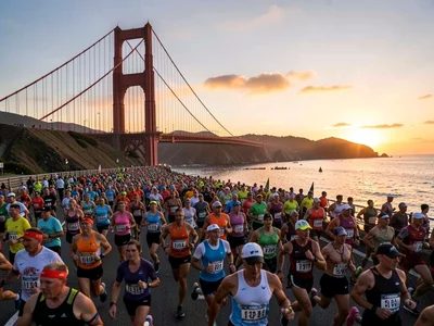 Marathon runners crossing Golden Gate at dawn, human river spanning the engineer