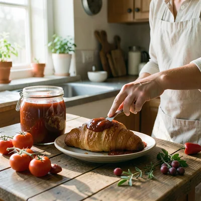 Person spreading jam on a croissant at a sunlit kitchen counter, jar of preserve