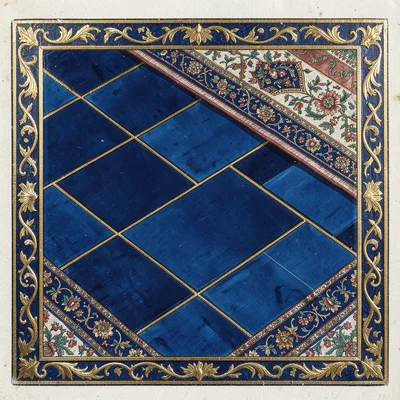 Close-up of a tiled geometric floor pattern in deep blue and gold