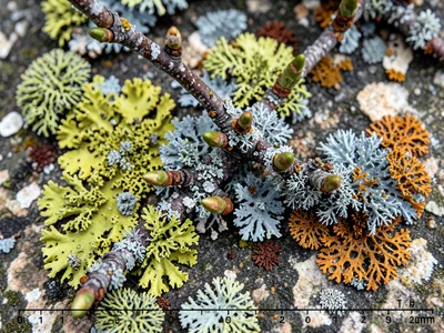 Lichen-covered branch in spring, new buds emerging between crusty growths