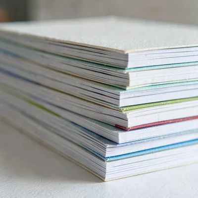 Macro of a tall stack of test-prep workbooks pressed tightly together, side-lit 