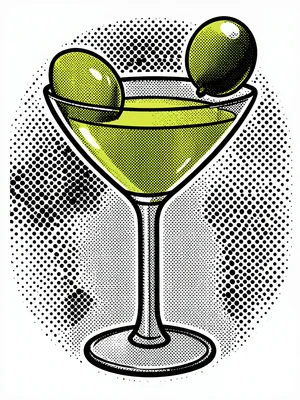 Cocktail glass with an olive, flat yellow-green liquid, oversized halftone bubbl