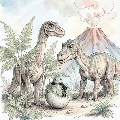Pen-and-ink coloring page of a dinosaurs scene — friendly long-necks munching ta