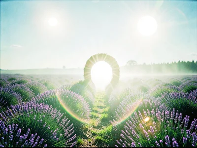 Rolling fields of lavender flooded with bridal-veil mist, a circular doorway bur