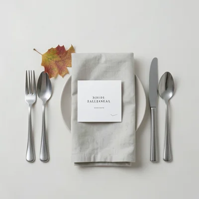Place setting detail with name card, autumn leaf, cloth napkin, silverware