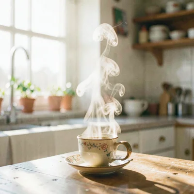 Morning coffee steam rising in a sunlit kitchen