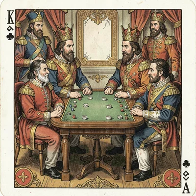 Playing card face illustration, Four kings gathered around gaming table , court 