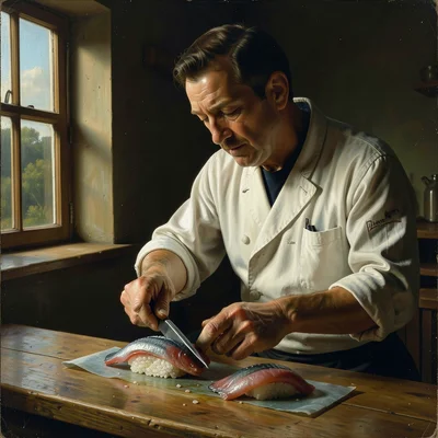 A sushi chef preparing nigiri, lit by a single window to the left, the fish glis
