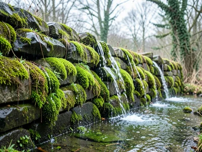 Moss-covered stone wall in spring rain, vibrant green, water streaming