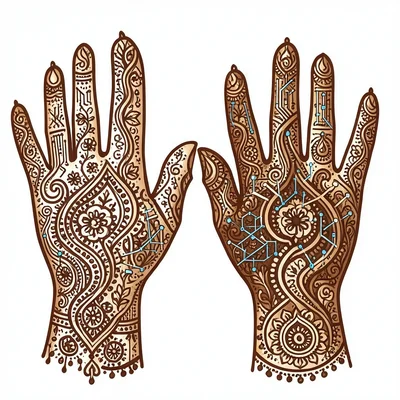 Mehndi hand patterns but circuits and data visualizations instead of traditional