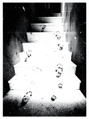 A staircase ascending into pure white toner blowout with footprints visible on e