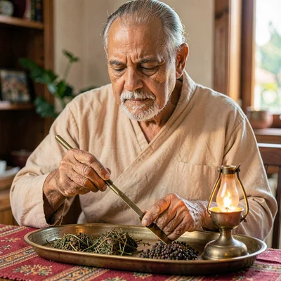 A focused Indian Ayurvedic practitioner in his fifties measuring herbs on a bras