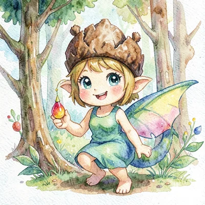 A friendly forest sprite with torn-paper acorn cap and crayon dewdrop on her fin