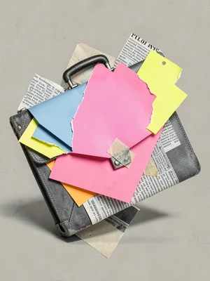 Layered torn rectangles of solid color paper fold roughly into the leaning shape