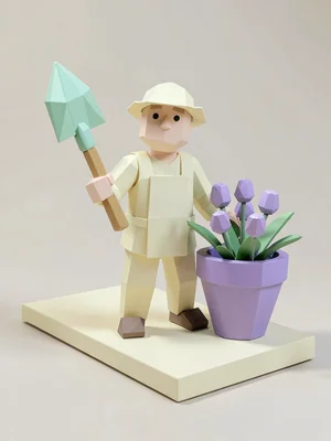 Trowel-armed cream lowpoly gardener character holding a faceted mint trowel and