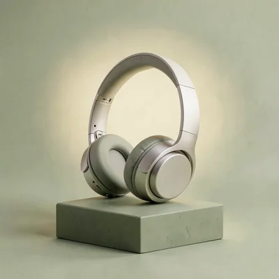 Centered catalog hero of a single pair of headphones on a sage-green block backd